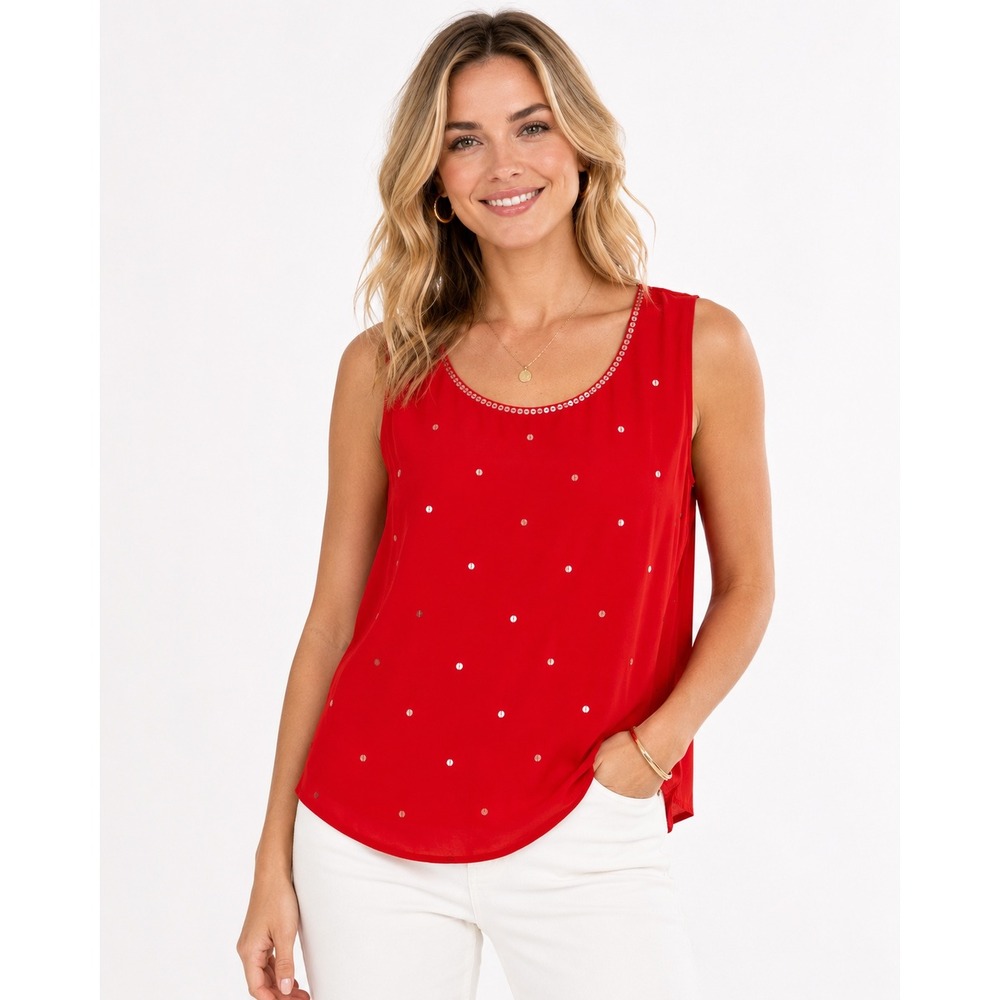 Diane Gilman Red 100% Silk‎ Sequin Tank L Y2K Coquette Quiet Luxury Holiday Glam